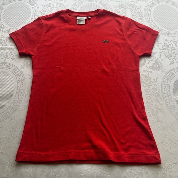 Lacoste Girls Size 38 (6) (XS-S) Red V-Neck T-Shirt Short Sleeves Logo Casual - Picture 14 of 15